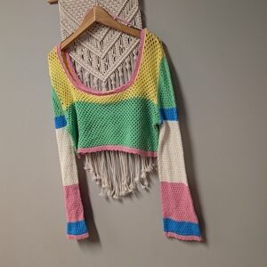 Sincerely Jules Multicolor Crochet Sweater Cropped Large Bell Sleeve